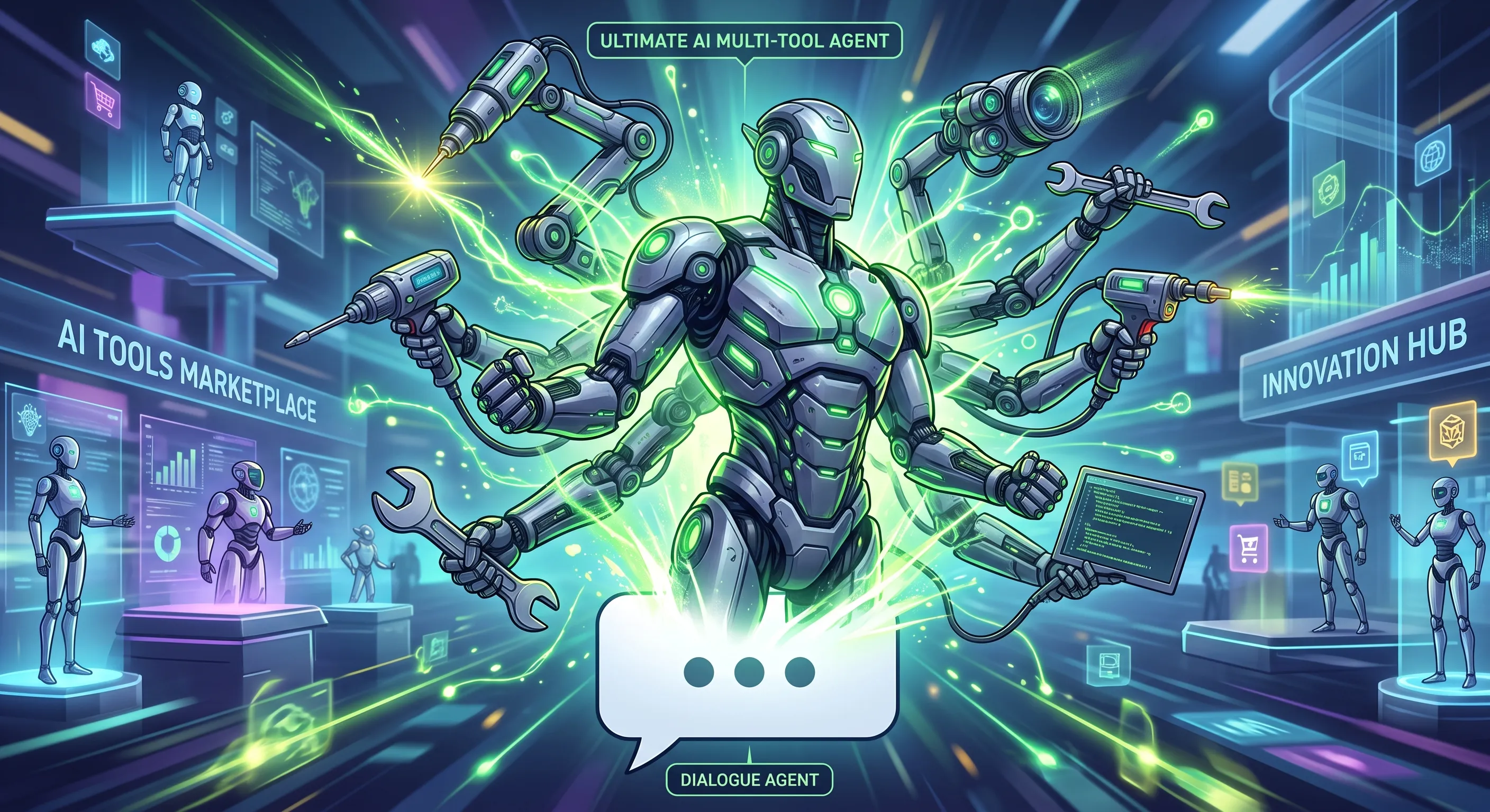 An agent transforming into a multi-tool powerhouse, glowing green connections forming