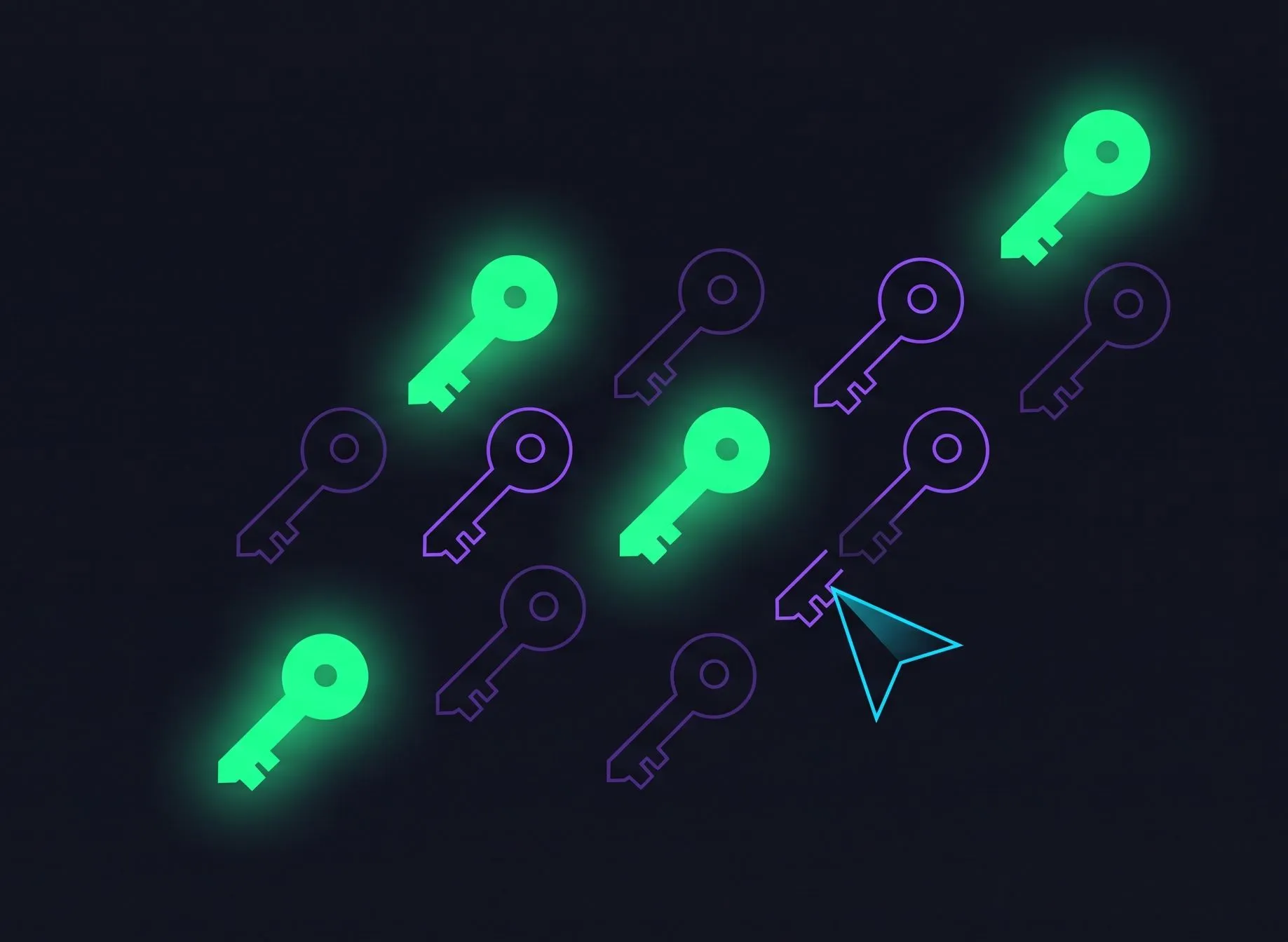 Fifteen glowing keys — three claimed, the rest waiting, a cursor reaching for one
