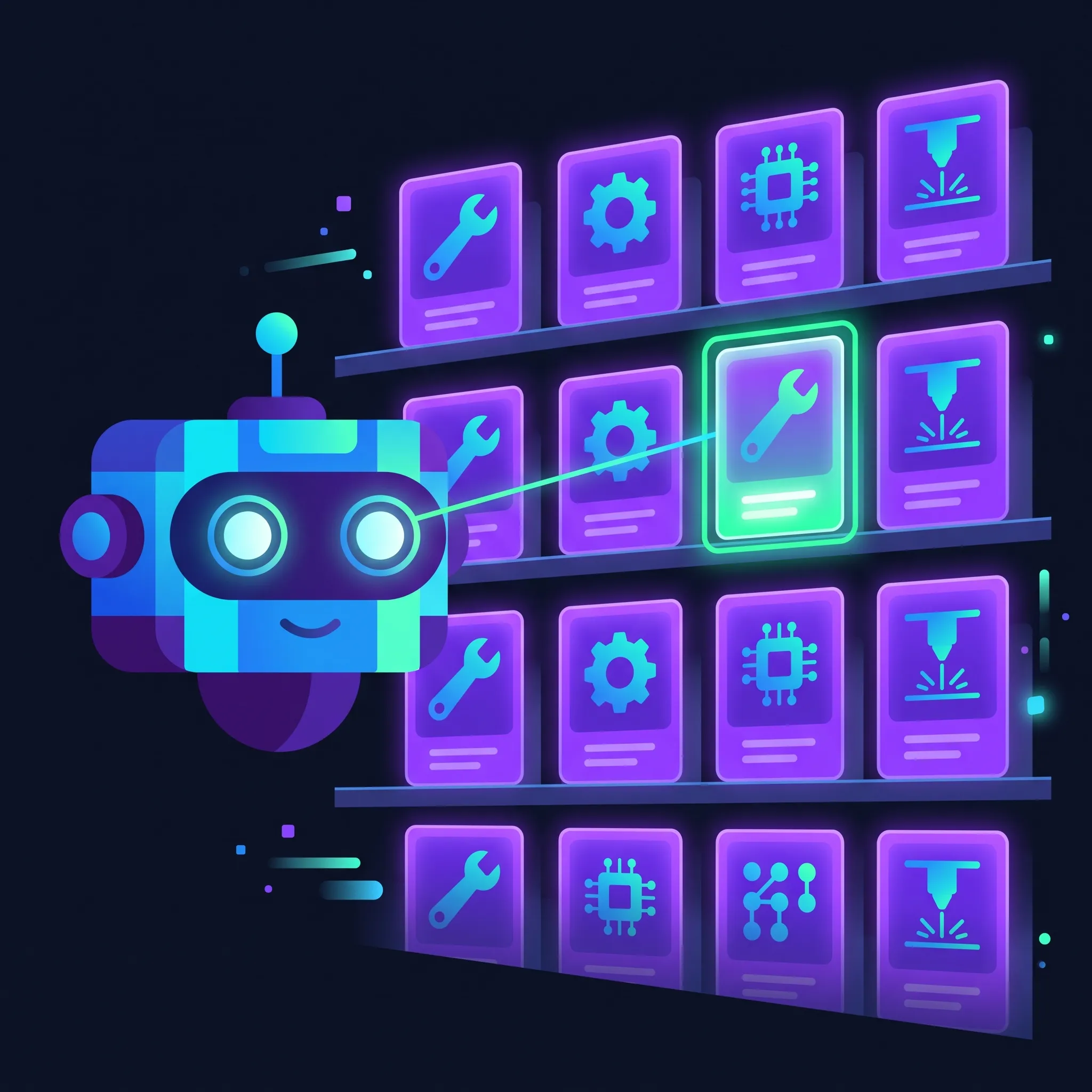 An agent browsing a grid of glowing tool cards