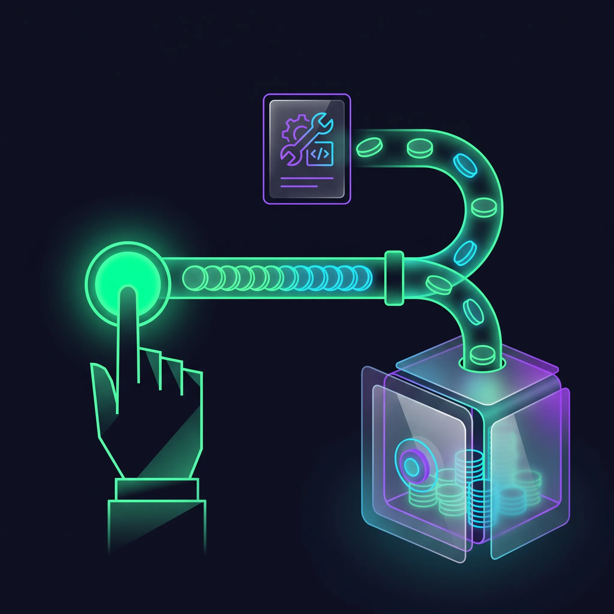 A hand pressing a button — payment flows through escrow to creator and platform
