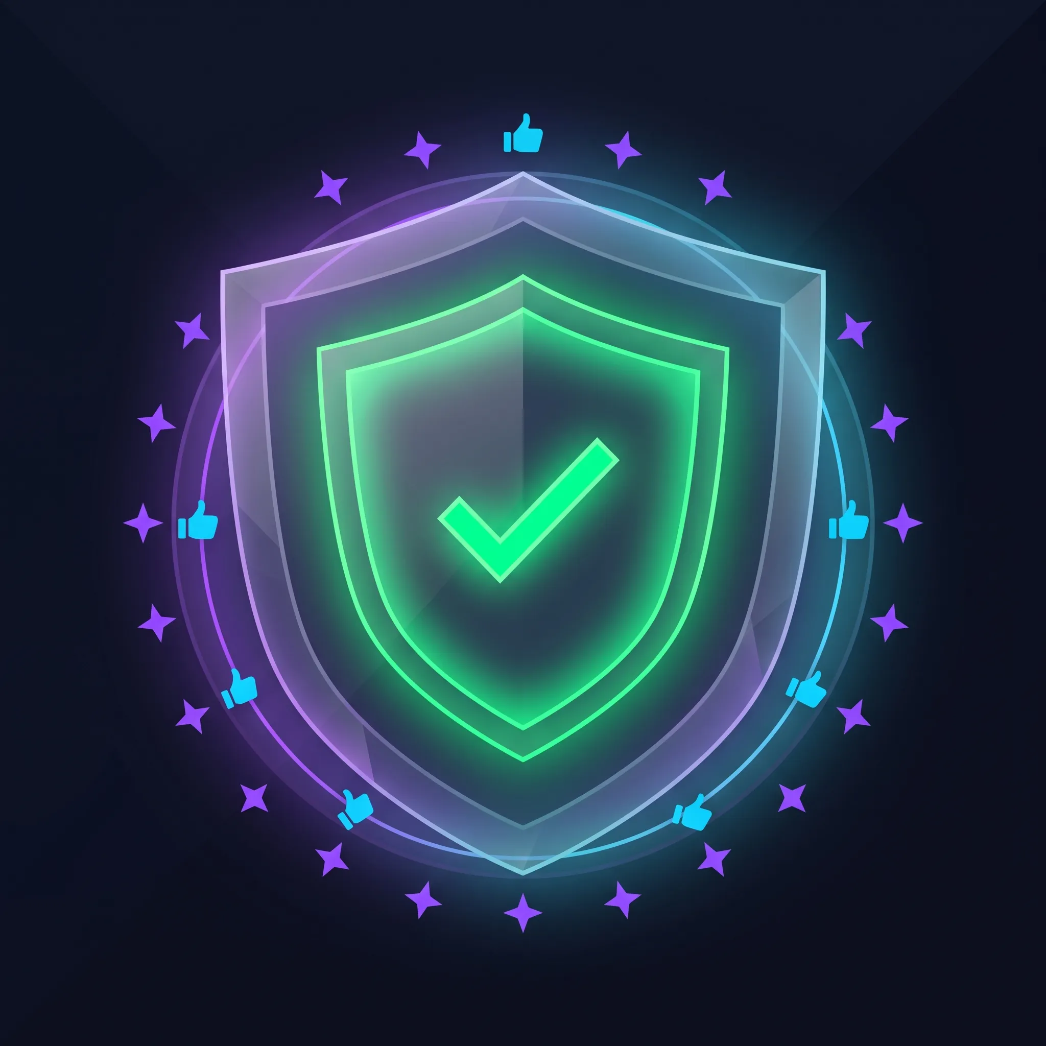 A shield of two glass layers — automated check inside, crowd votes orbiting outside