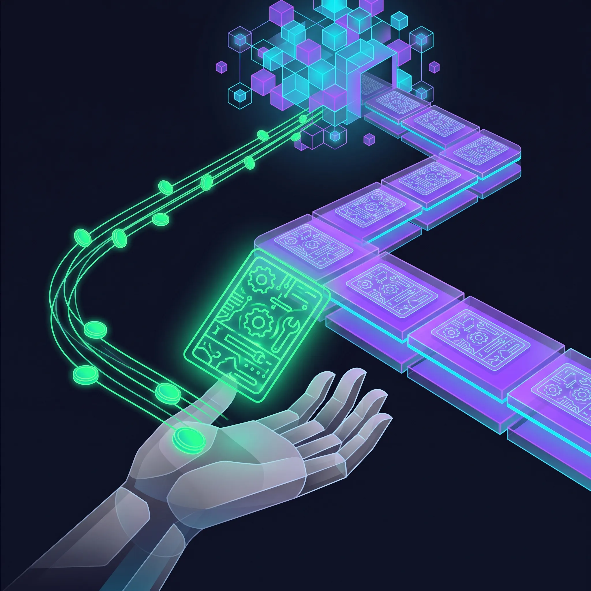 A creator releasing a tool onto a conveyor — coins flowing back